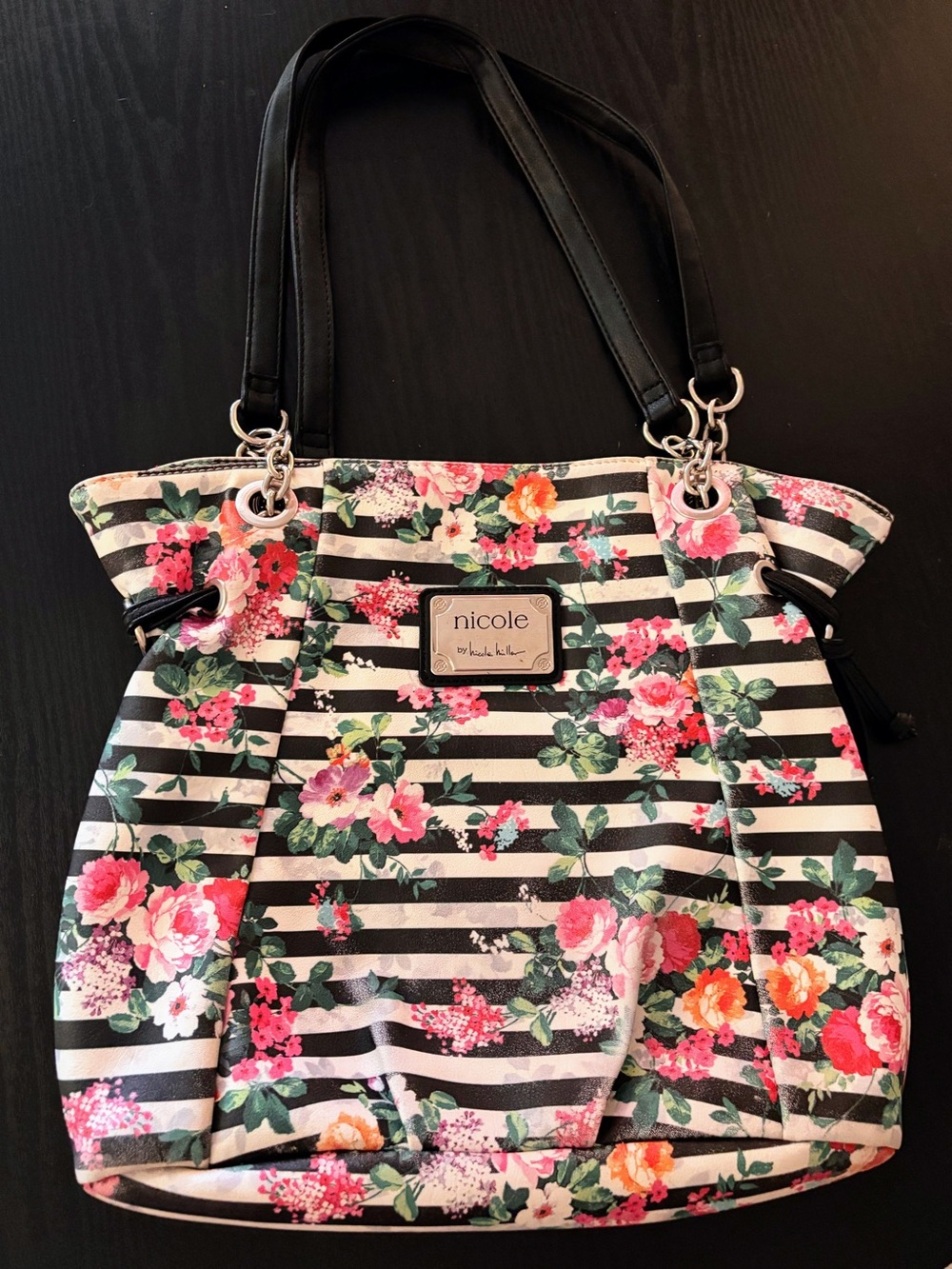Nicole by Nicole Miller Black & White Striped Floral Shoulder Bag